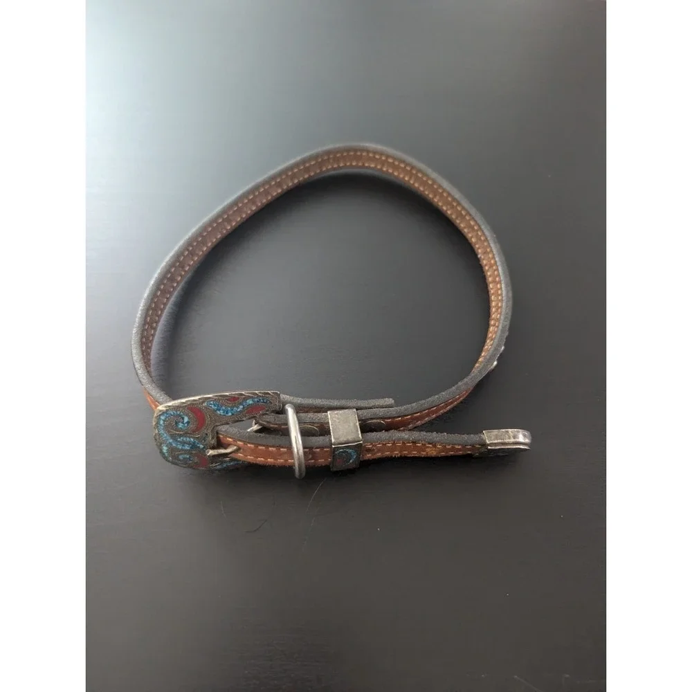 Dog Collar Brown Leather Silver Plate With Red And Blue Stone Inlay Buckle Bling